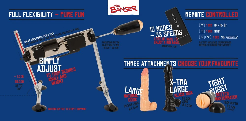 The Banger dubbelzijdige seksmachine met dildo's en sleeve